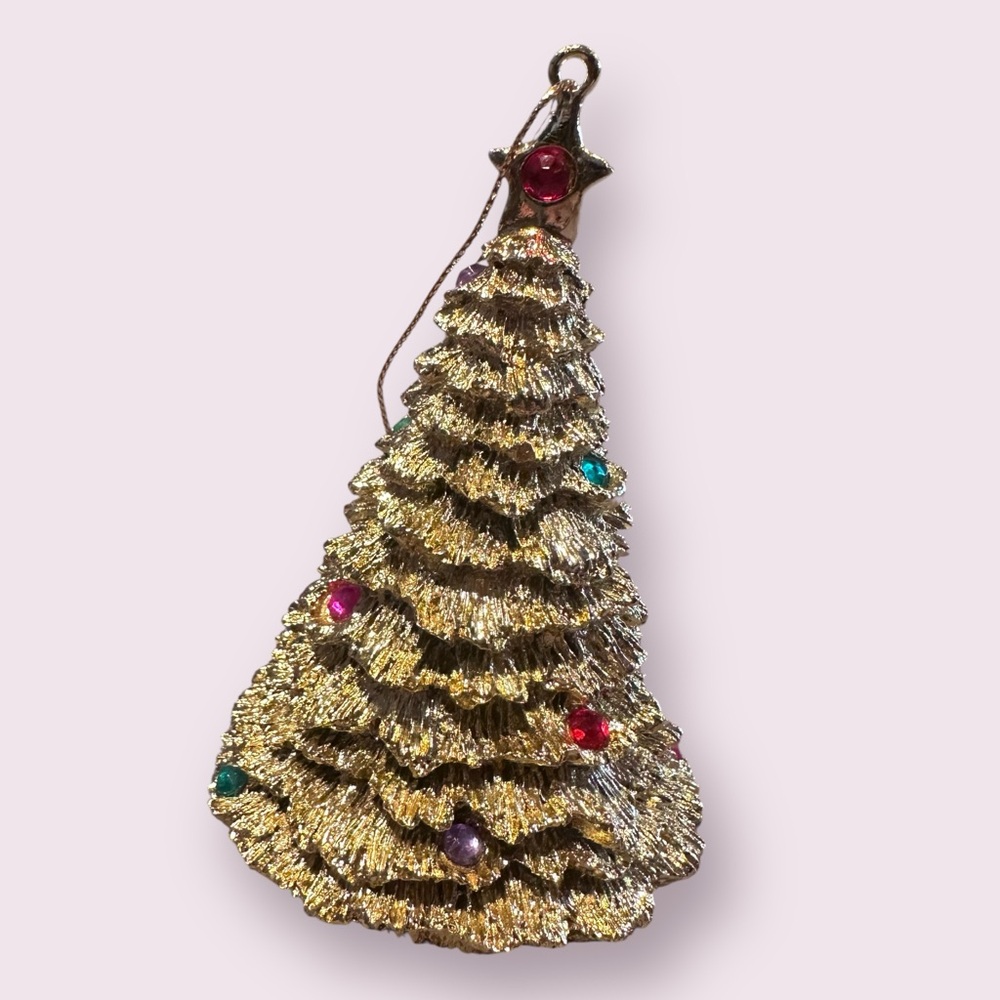 Avon 1996 Gold Tone Textured Christmas Tree Ornament With Rhinestone Accents - Picture 7 of 9